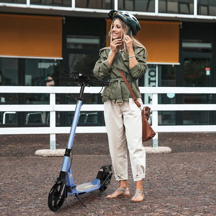 Дитячий складний самокат для дітей 8-15 років з великими колесами 200 мм, дисковими гальмами та регульованою висотою, синій