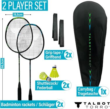 Набір для бадмінтону Talbot-Torro Professional I: 2 ракетки з карбону, 2 волана, 2 ручки, сумка, легкий та міцний, для початківців та професіоналів, для гри на відкритому повітрі та в приміщенні