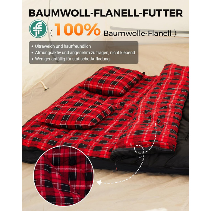 Спальний мішок KingCamp на 2 особи з фланнелю для зими, 3-4 сезони, з подушками, для кемпінгу та відпочинку на природі (чорний)