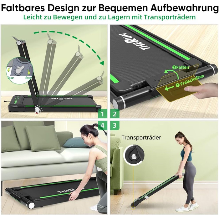 Електрична бігова доріжка THERUN Walking Pad, складана, зелена, ширина полотна 43 см, подвійна амортизація, сенсорний екран, 2.5 к.с., тиха робота, для дому та офісу