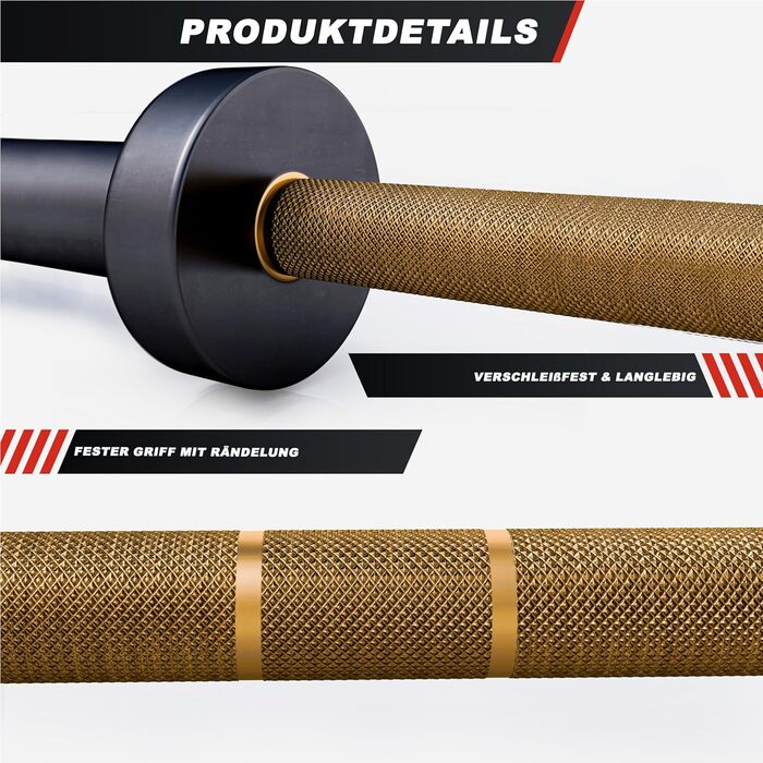 Олімпійський гриф GORILLA SPORTS 220 см, 50 мм, 20 кг, сталь, керамічна основа, чорний/золотий