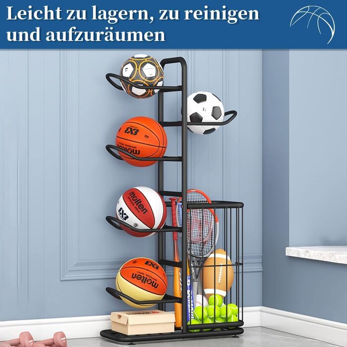Стенд для зберігання баскетбольних м'ячів Ballständer: полиця для спортивного обладнання, відкидна стійка-тримач на 5 м'ячів та кошиків, баскетбольний кошик для регбі, волейболу, футболу