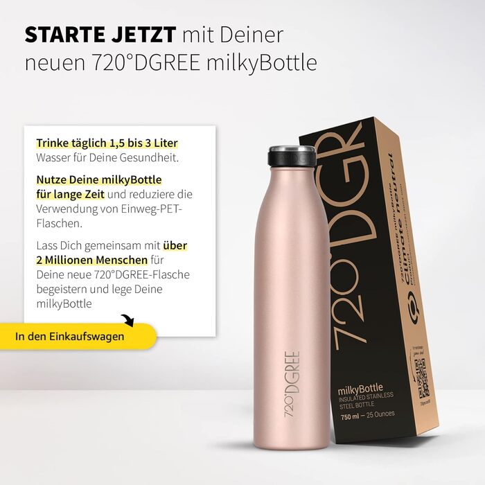 Термос 720°DGREE milkyBottle 500 мл для дітей, нержавіюча сталь, BPA Free, герметична, для газованої води, спорт, школа, світло-рожевий/золотий