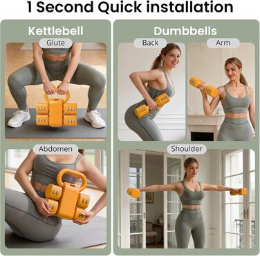 Набір 2-в-1: Регульовані гантелі та м'ячики-гантелі для фітнесу вдома, 4 ступені ваги (1-2.5 кг), для жінок, з антиковзним кріпленням. Жовтий колір.