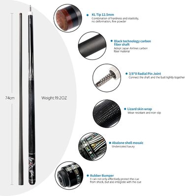 KONLLEN Billardqueue з карбону, 58 дюймів: професійний більярдний кий для дорослих, повна карбонова технологія, низький коефіцієнт відхилення, наконечник 12.5 мм (Pro Taper, ультрагладкий) AING-1F