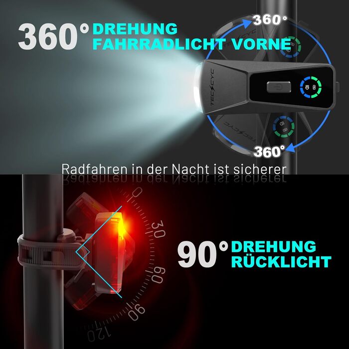 Велофара TECHCYC з датчиком освітлення, LED, до 70 Люкс, StVZO, USB, IPX6, 2500 mAh (передня) & 300 mAh (задня)