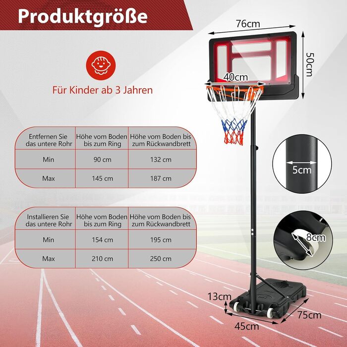 Стійка для баскетболу COSTWAY, 90-210 см, регульована висота, з кошиком та колесами, мобільна, для дітей та підлітків, внутрішнє та зовнішнє використання, червона