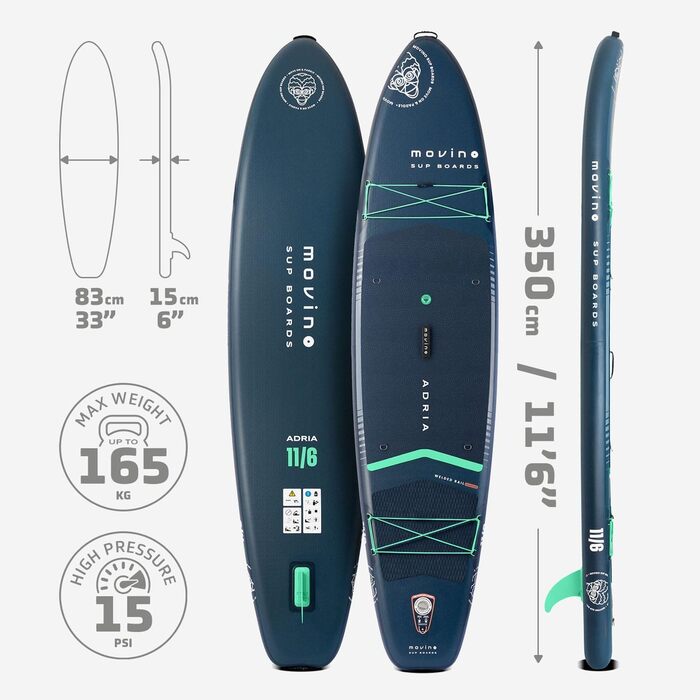 Надувний SUP Борд Movino Stand Up Paddle Board 350 см - 2в1 SUP/Каяк, до 165 кг, комплект з аксесуарами, Adria 11’6', зварний рейлінг, 15 PSI, Marineblau-Mint