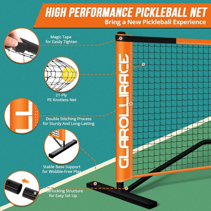 Набір для гри в піклбол 3-в-1 портативний, з сіткою 6.7м x 3м x 1.2м, для внутрішнього та зовнішнього використання (Vitality, помаранчевий)