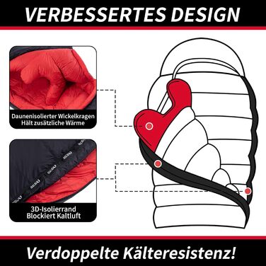 Сплячий мішок для дорослих та дітей, зимовий легкий, Outdoor 8°C ~ -30°C для кемпінгу та альпінізму, 650 FP гусячий пух, чорний, 1000г