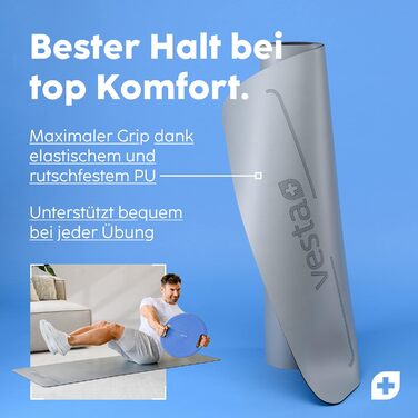 Килимок для йоги Vesta+ Premium з натурального каучуку - антиковзаючий, з оптимальною амортизацією, 100% без фталатів, для шкіри, з фітнес-додаток, для йоги, гімнастики, фітнесу (сірий)