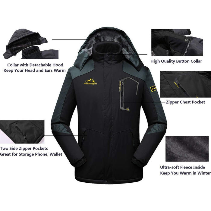 Чоловіча зимова куртка EKENTSON: водонепроникна, вітрозахисна, з підкладкою, для хайкінгу та активного відпочинку, 4 кишені (XL, сіро-чорний)