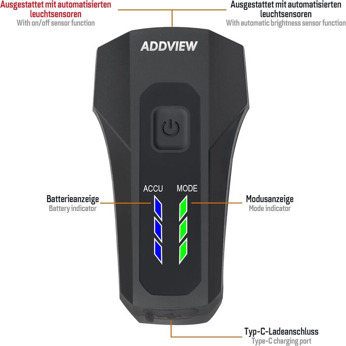 Велофара ADDVIEW Starlight – комплект фар із сертифікацією StVZO, 70 Lux LED, USB-C, акумулятор, IP65, 170м, авто-режим, датчик руху, велоосвітлення