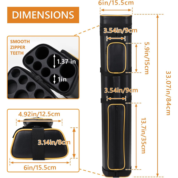 Сумка для переноски більярду на 3 кийки та 5 насадок (3 кийки, 5 насадок) - чорний колір з жовтими вставками