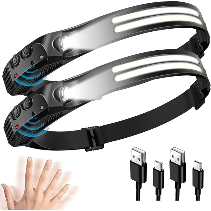 Налобний ліхтар LED GSY з перезаряджанням, 2 COB LED, 1000 Люмен, датчик, водонепроникний, 230° світло, акумуляторний, 2 шт.