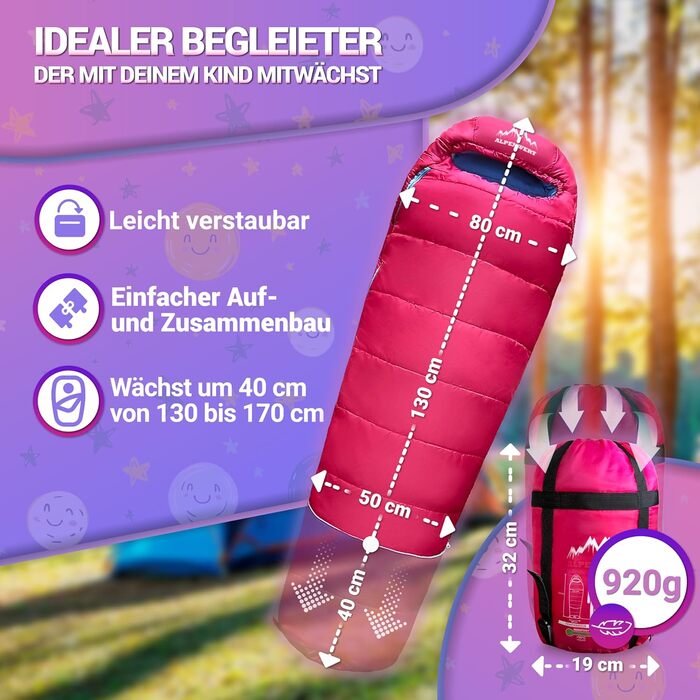 Дитячий спальний мішок Alpenwert® для літа – росте разом з дитиною! [130–170см] – Вага 920г, компактний [32×19см] – Ідеально для кемпінгу, фестивалів, відпочинку на природі – спальний мішок-кокон для дітей від 6 років, рожевий/світло-блакитний