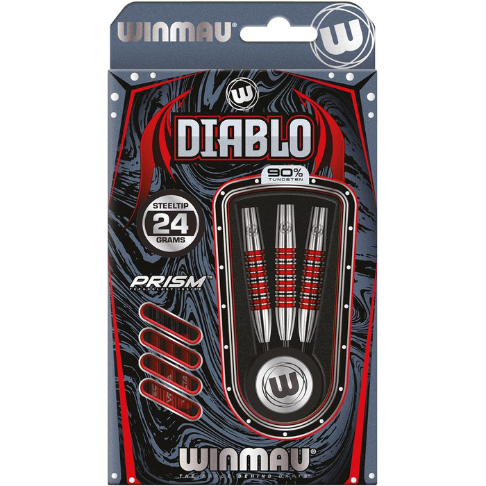 Дротики для дартсу WINMAU Diablo 24г, сталевий наконечник, вольфрам, з крилами та стрижнями, торпедоподібна форма, професійні