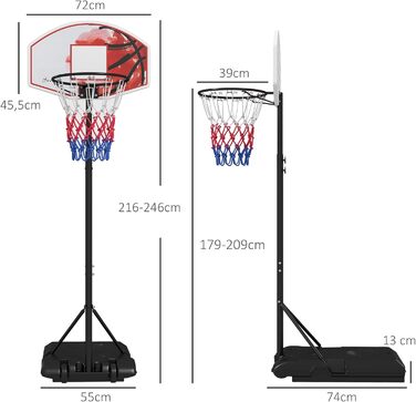 Баскетбольний кошик SPORTNOW з підставкою, регульована висота 179-209 см, сталевий, на колесах, для вулиці, багатокольоровий