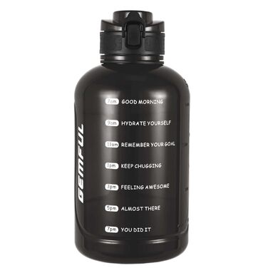 Пляшка спортивна GEMFUL 3л з міткою часу, соломинкою та ручкою, сіра. BPA-free, герметична, для фітнесу, тренувань та активного зволоження.