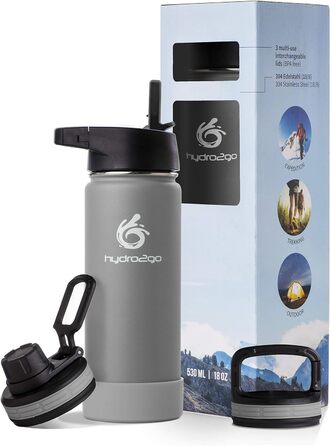 Гідрофляга hydro2go з нержавіючої сталі 500 мл для дітей, школи, спорту, термос-бутилка BPA-free з 3 кришками, 100% герметична, Stone Gray