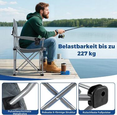 Крісло для кемпінгу Costway XXL, 227 кг, з підлокітниками та кишенею для напоїв, сіре
