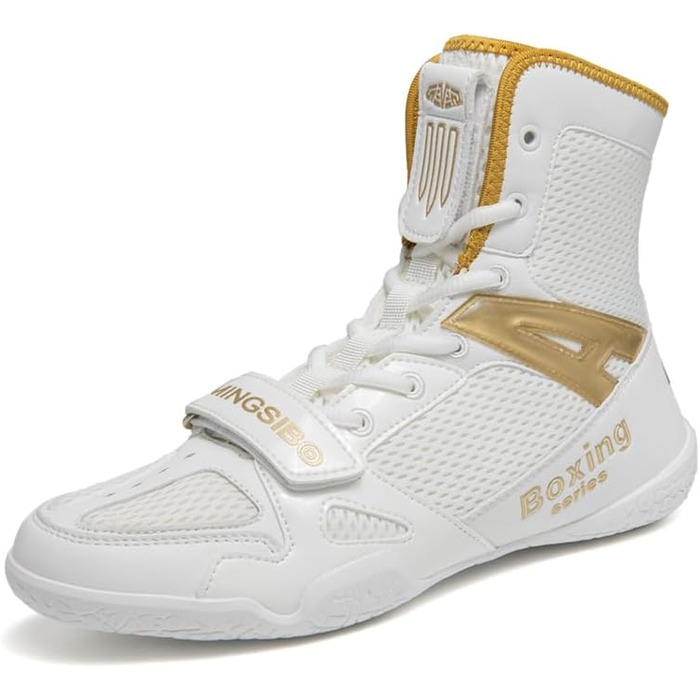 Боксерські кросівки для чоловіків та жінок, дитячі кросівки для залу, кросівки для боротьби, високогірні боксерські кросівки з неслизькою підошвою та дихаючим матеріалом (38 EU, білий/золотий)