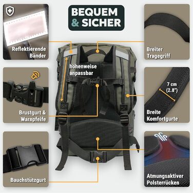 Водонепроникний рюкзак Ruqqle 45 л, RollTop, 3 зовнішні кишені, для пляжу, човнів, каяків, подорожей, кемпінгу, риболовлі та мотоциклів (Блакитний)