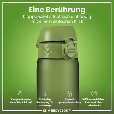 Фляга Ion8 Trinkflasche, Зі зручним клапаном, Безпечна, Легко миється, BPA-Free, З ручкою, З кліпсою, Екологічна, Рожевий (Evo, Хакі)