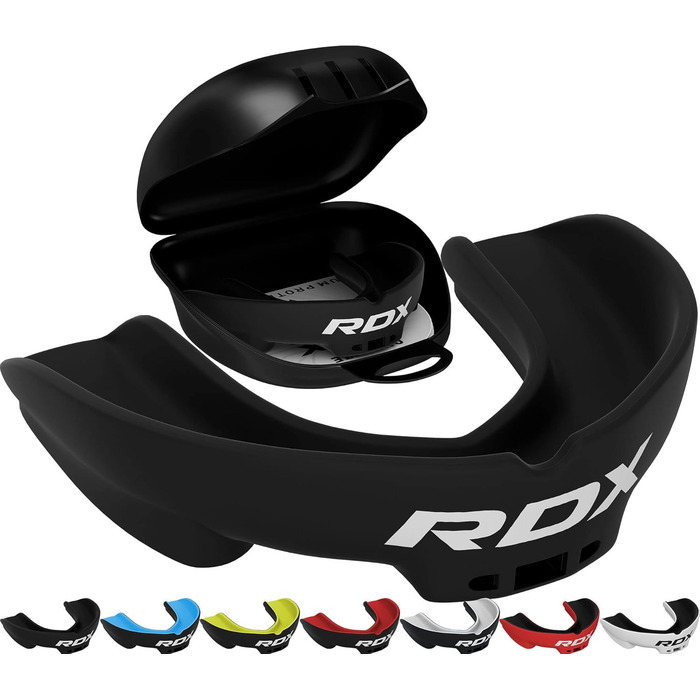 Капа для захисту зубів RDX для бойових видів спорту, MMA, кікбоксингу, хокею, футболу, м'яку рукавичку, регбі. Зручна коробка для зберігання. Для дорослих (від 12 років). Чорний колір.
