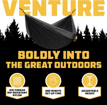 Гамак Wise Owl Outfitters для двох осіб - ультралегкий дорожній гамак (до 226 кг) + кріплення та карабіни (чорно-сірий)
