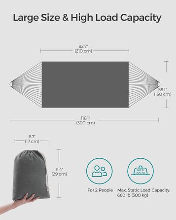 Подвійна гамак SONGMICS, 249x150 см, сірий, вантажопідйомність 136 кг, з компресійним мішком, кріпильними ременями та карабінами, для тераси, балкону, саду, відпочинку на природі, кемпінгу