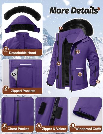 Водонепроникна зимова куртка Voqeen для сноубордингу та лижного спорту з флісовою підкладкою, відстібається капюшон, фіолетовий (L)