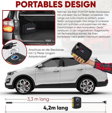 Електричний компресор FORTEM для авто і велосипедних шин, 12В/230В, з LED-підсвічуванням, цифровий манометр, автоматичне відключення