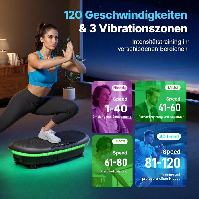 Віброплатформа MERACH 4D з 7 режимами вібрації, 120 швидкостями, 5 програмами, Bluetooth та підсвіткою, чорна