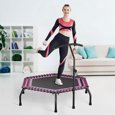 Міні-батут для дорослих, 121,9 см, батут для фітнесу, домашній та вуличний, з T-поручнем (рожевий)