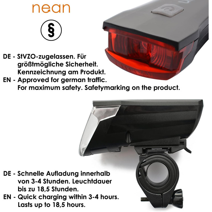 Фронтліхтар Nean CREE LED з акумулятором, світлодіодний велосипедний ліхтар з авторегулюванням та стоп-сигналом, 60 люкс, 6 cd, StVZO, велосипедна лампа, фара, задній ліхтар