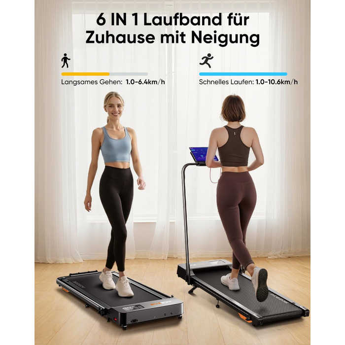 Біговий тренажер 6-в-1 для дому, складаний, з регулюванням нахилу 10% та ручками. Макс. вага 135 кг, LED-дисплей, пульт ДУ та додаток. Без встановлення (Чорний/Помаранчевий)