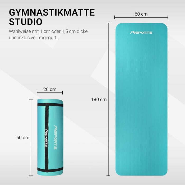 MSPORTS Килимок для гімнастики Studio 183 x 61 x 1,0/1,5 см | з плакатами вправ та ременем для перенесення | Шкіродружній, без фталатів, дуже м'який | Килимок для йоги (Турквіс, 183 x 61 x 1,5 см)