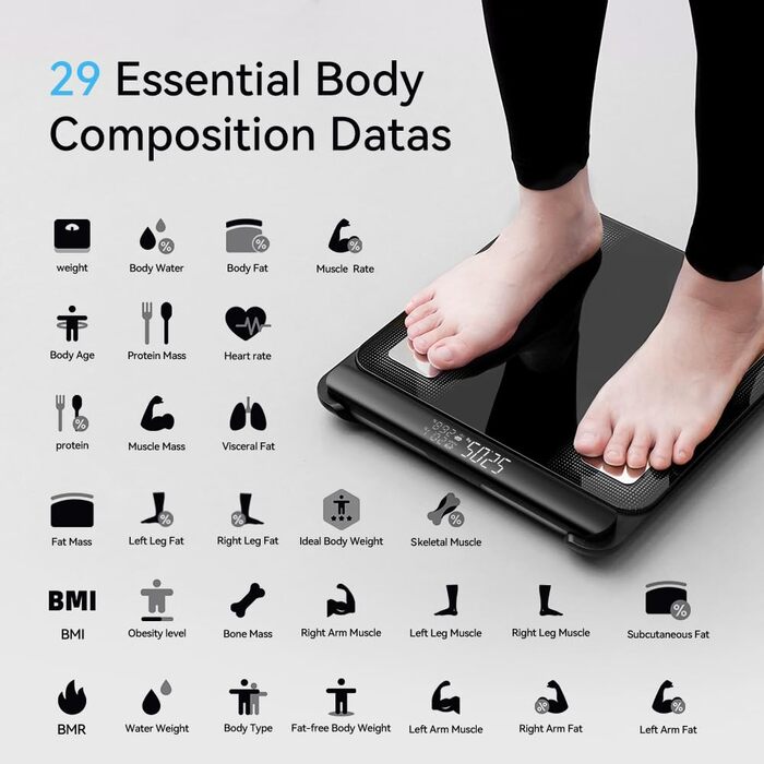Ваги Fitdays Smart для аналізу складу тіла з 8 електродами, Bluetooth, чорні (FG2202WB) - BMI, м'язи, жир, вода