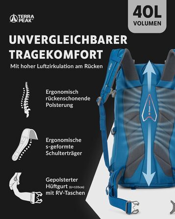 Туристичний рюкзак Wanderrucksack 40L Flex 40 Premium, синій, з вентиляцією спини, дощовиком, кріпленням для питної системи, поясним ременем, 3D Air Mesh, для трекінгу, походів, аутдор