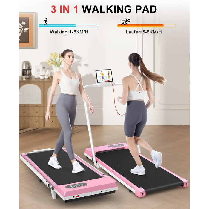 Біговий доріжка HomeFitnessCode Walking Pad з нахилом - компактний біговий тренажер для дому та офісу (рожевий, складаний)