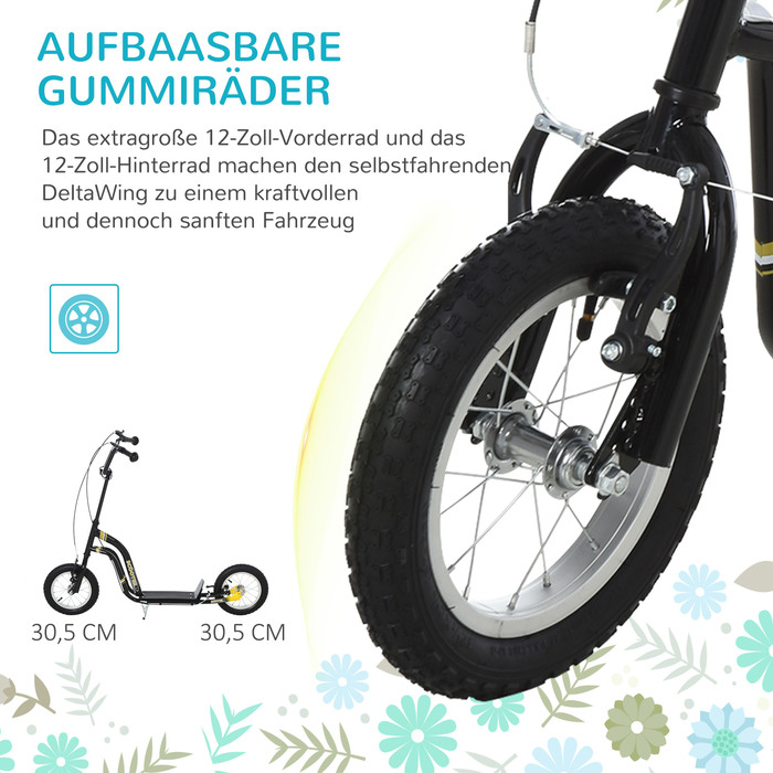 Дитячий самокат HOMCOM від 5 років Scooter Kick Scooter 12 дюймів пневматична шина гума алюміній чорний, регульована висота 120x58x85-95см