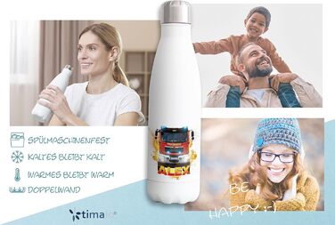 Дитяча іменна термобутилка timalo® з нержавіючої сталі, дизайн пожежна машина, герметична пляшка для води 750 мл для хлопчиків і дівчаток