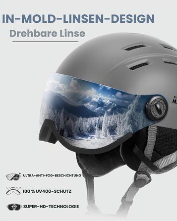 Шолом для сноуборду та лиж OutdoorMaster з відокремлюваними окулярами 2-в-1, захисним EPS-пінопластом та 14 вентиляційними отворами, унісекс (чоловічий, жіночий, підлітки), Матовий сірий, розмір L
