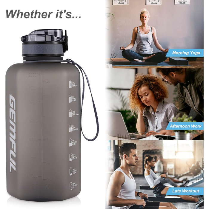 Спортивна пляшка для води GEMFUL 2.2L з ручкою та позначками часу - ідеальна для фітнесу та повсякденного використання (Сірий)