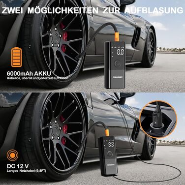 Електричний насос-компресор FOWAWU для велосипедів, 6000 мА·год, 150 PSI, міні акумуляторний, LED-дисплей, функція пам'яті, автозупинка, powerbank