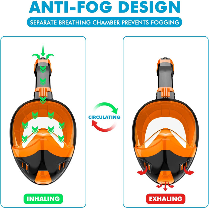 Маска для снорклінгу повного обличчя, обладнання для дорослих та дітей з системою сухого дихання та знімним тримачем для камери, 180° огляд, чорний, помаранчевий, білий, синій, XL