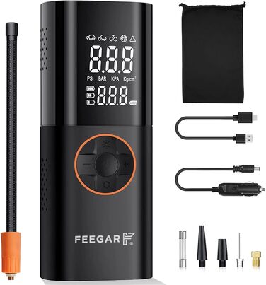 Портативний електричний компресор FEEGAR 150PSI для шин, акумулятор 7800mAh, павербанк, 12V DC, USB-C, LCD-екран, велосипедний насос з цифровою індикацією та ліхтарем