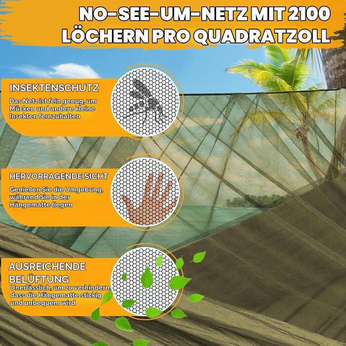 Кемпінговий гамак NatureFun з москітною сіткою, витримує до 300 кг (290 x 140 см), дихаючий нейлон, армійський зелений