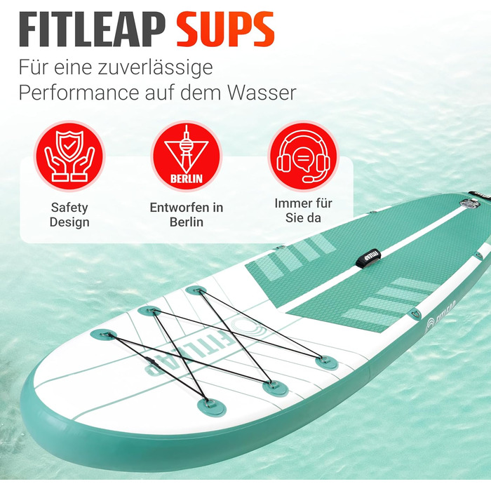 Надувний SUP Борд Fitleap Premium Stand Up Paddle Board - Комплект з насосом, веслом та рюкзаком. Ідеально для початківців та професіоналів, для йоги, серфінгу та водного спорту. (Зелений в смужку, 1 особа)
